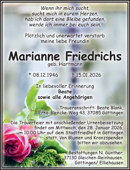Traueranzeige von Marianne Friedrichs von Göttinger Tageblatt