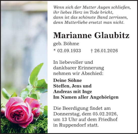 Traueranzeige von Marianne Glaubitz von Sächsische Zeitung