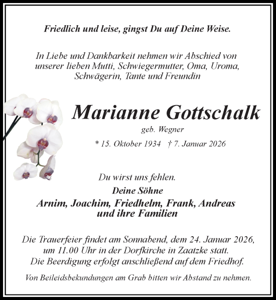 Traueranzeige von Marianne Gottschalk von Wochenspiegel