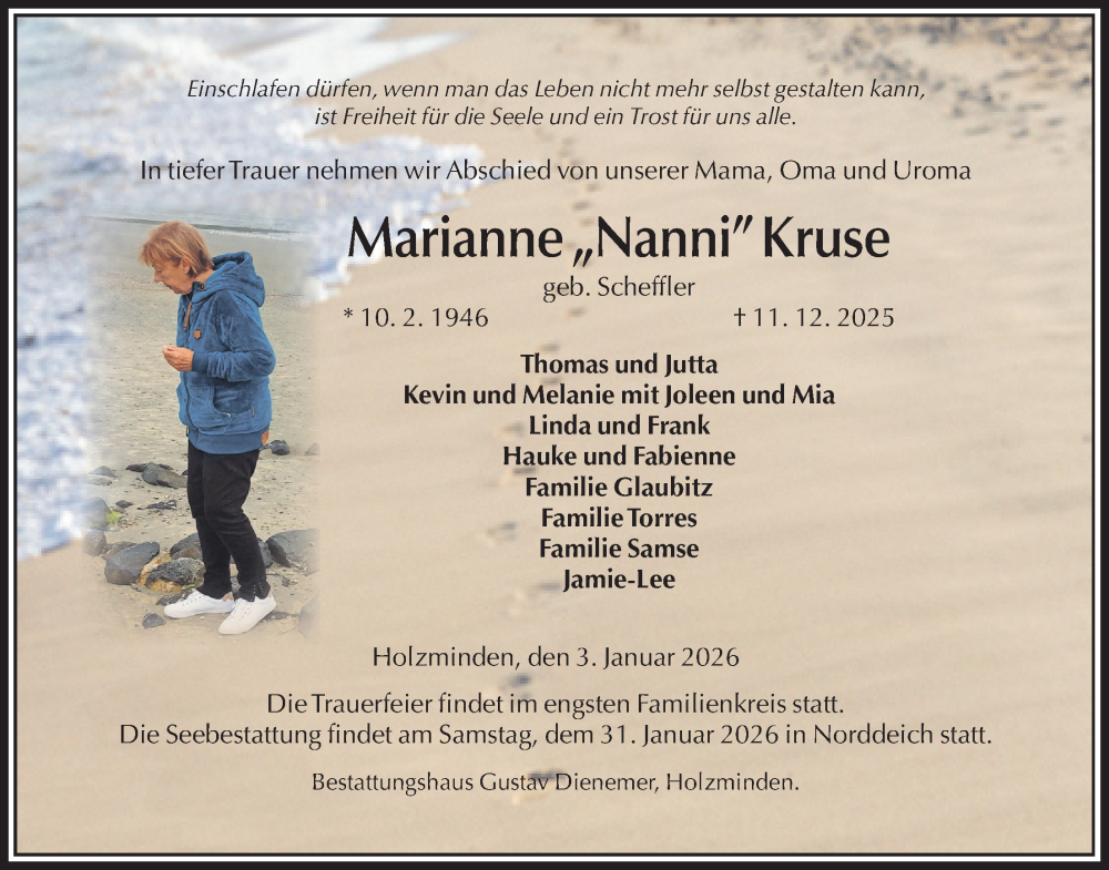  Traueranzeige für Marianne Kruse vom 03.01.2026 aus Täglicher Anzeiger Holzminden