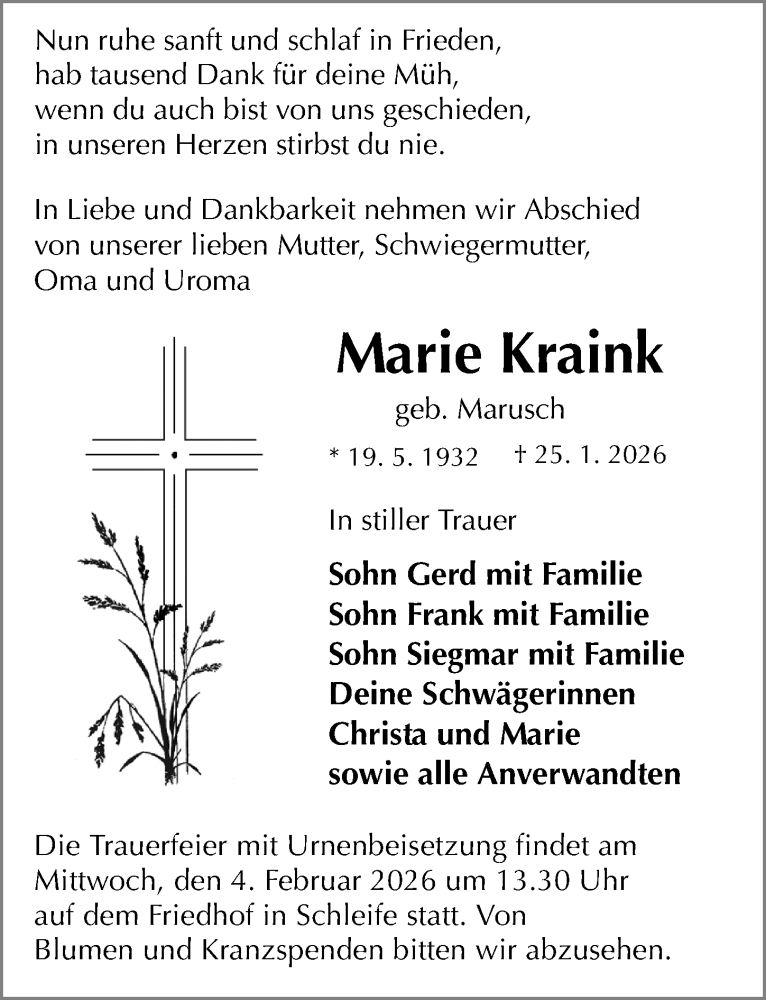  Traueranzeige für Marie Kraink vom 31.01.2026 aus Sächsische Zeitung