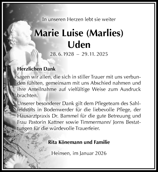 Traueranzeige von Marie Luise Uden von Täglicher Anzeiger Holzminden