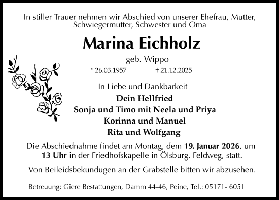Traueranzeige von Marina Eichholz von Peiner Allgemeine Zeitung