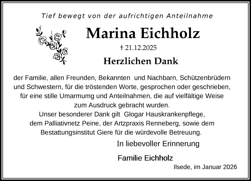  Traueranzeige für Marina Eichholz vom 31.01.2026 aus Peiner Allgemeine Zeitung