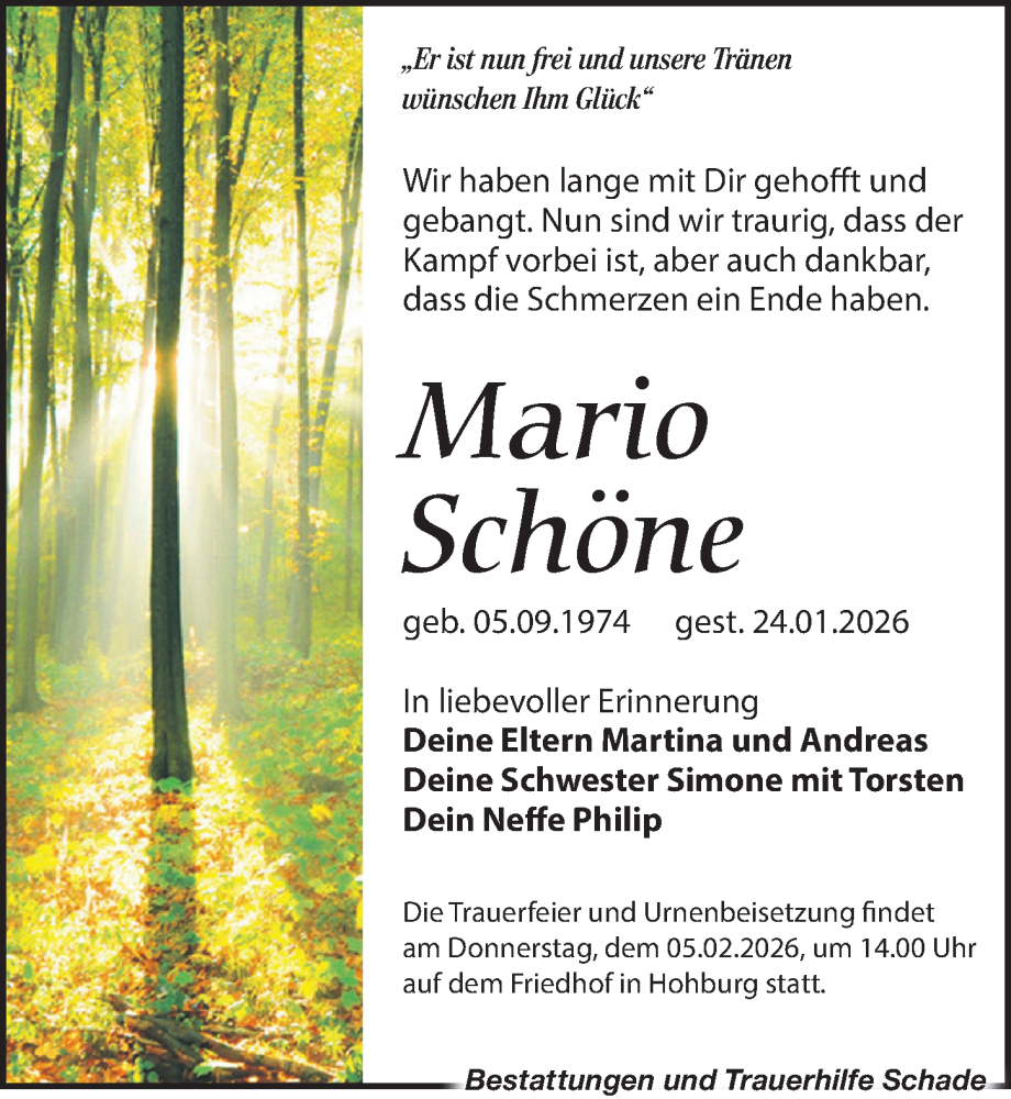  Traueranzeige für Mario Schöne vom 31.01.2026 aus Leipziger Volkszeitung
