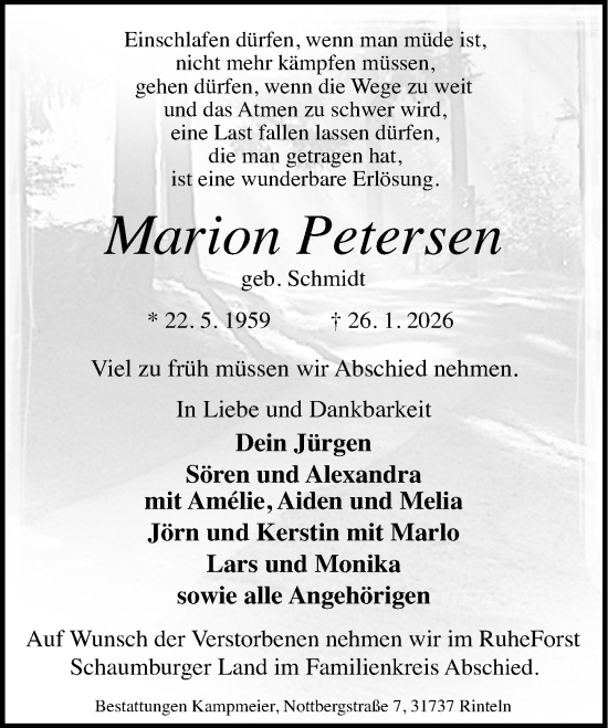 Traueranzeige von Marion Petersen von Schaumburger Nachrichten und Schaumburger Zeitung/ Landes-Zeitung