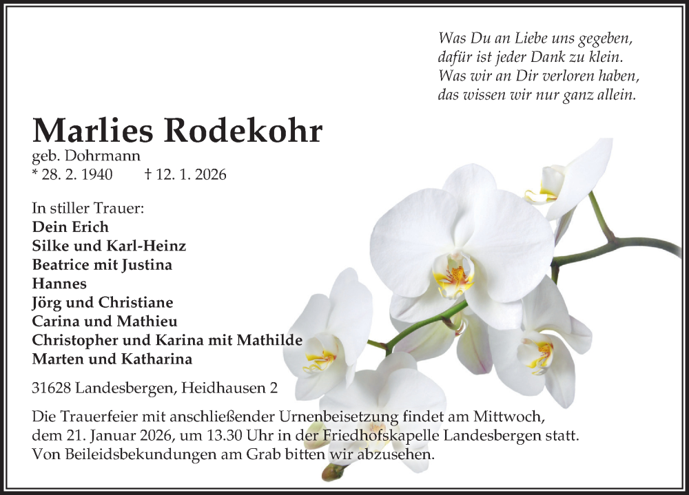  Traueranzeige für Marlies Rodekohr vom 17.01.2026 aus Die Harke