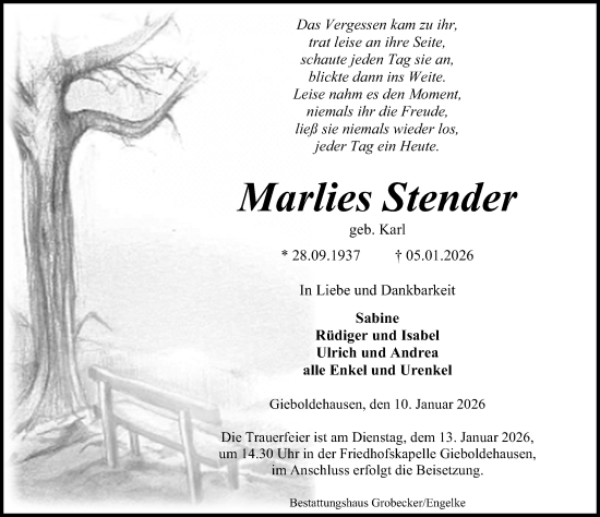 Traueranzeige von Marlies Stender von Eichsfelder Tageblatt