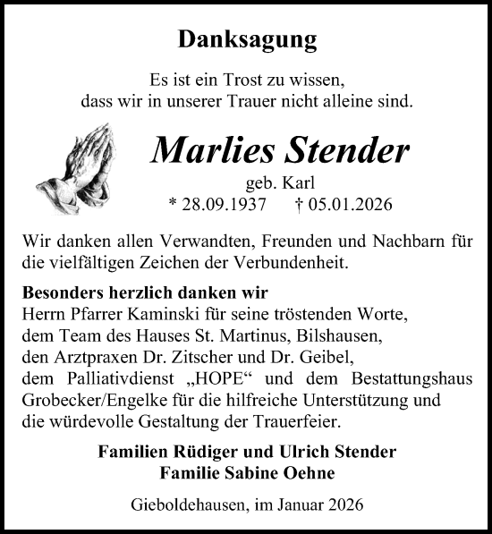 Traueranzeige von Marlies Stender von Eichsfelder Tageblatt
