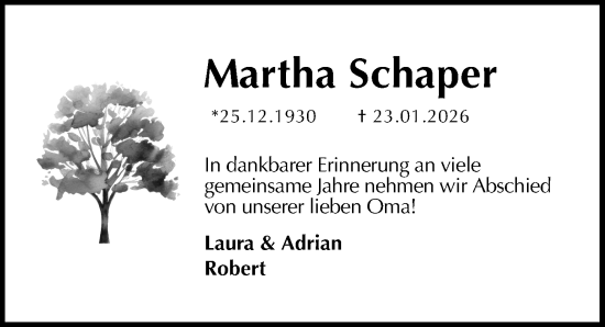 Traueranzeige von Martha Schaper von Göttinger Tageblatt