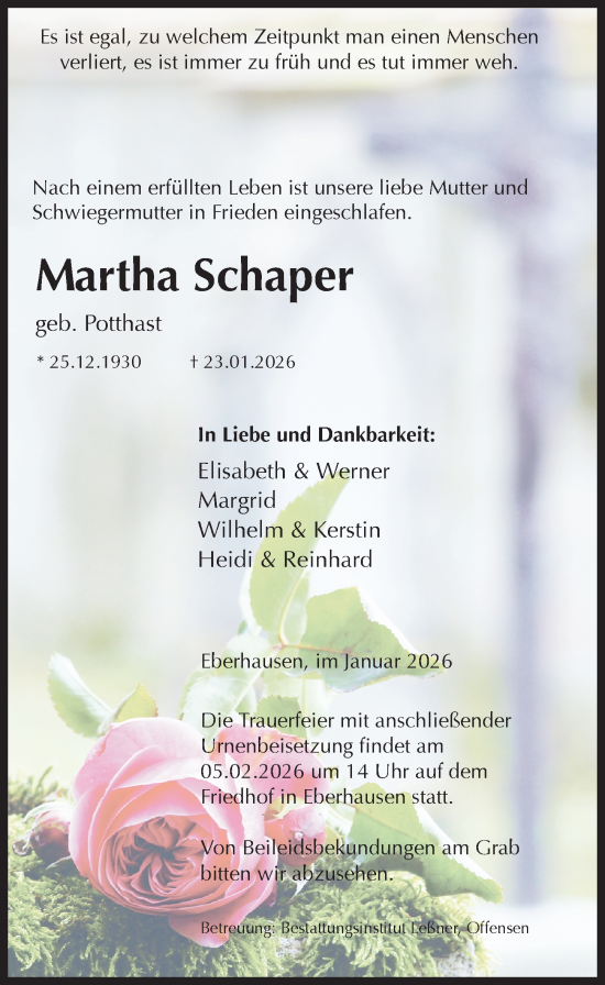 Traueranzeige von Martha Schaper von Göttinger Tageblatt