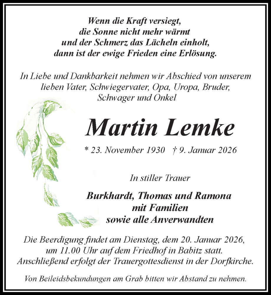  Traueranzeige für Martin Lemke vom 17.01.2026 aus Wochenspiegel