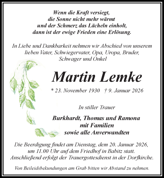 Traueranzeige von Martin Lemke von Wochenspiegel