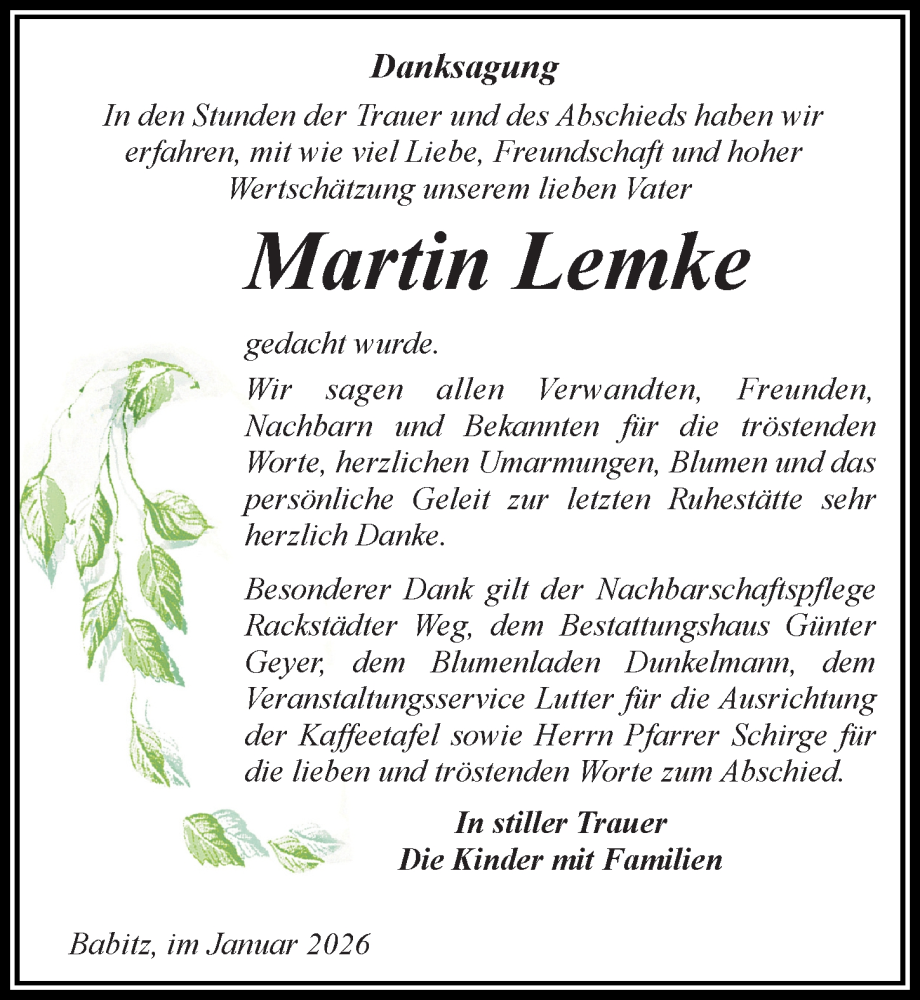  Traueranzeige für Martin Lemke vom 31.01.2026 aus Wochenspiegel