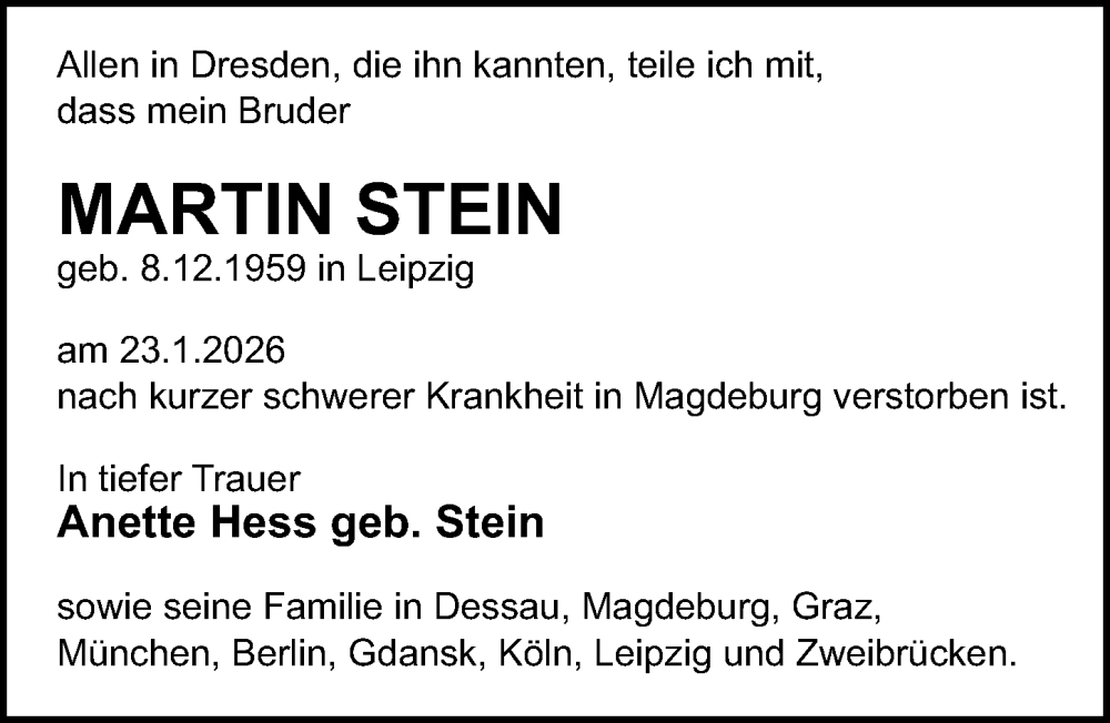  Traueranzeige für Martin Stein vom 31.01.2026 aus Sächsische Zeitung