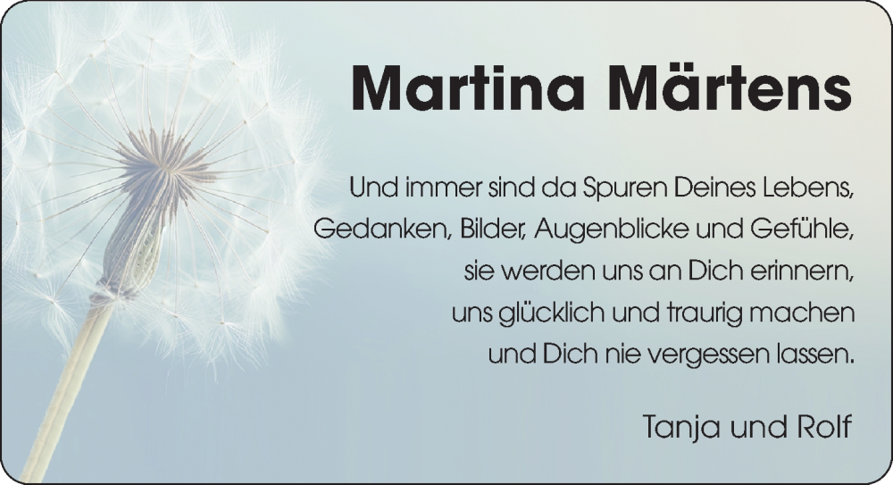  Traueranzeige für Martina Märtens vom 17.01.2026 aus Die Harke