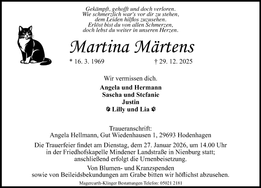  Traueranzeige für Martina Märtens vom 17.01.2026 aus Die Harke