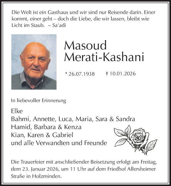 Traueranzeige von Masoud Merati-Kashani von Täglicher Anzeiger Holzminden