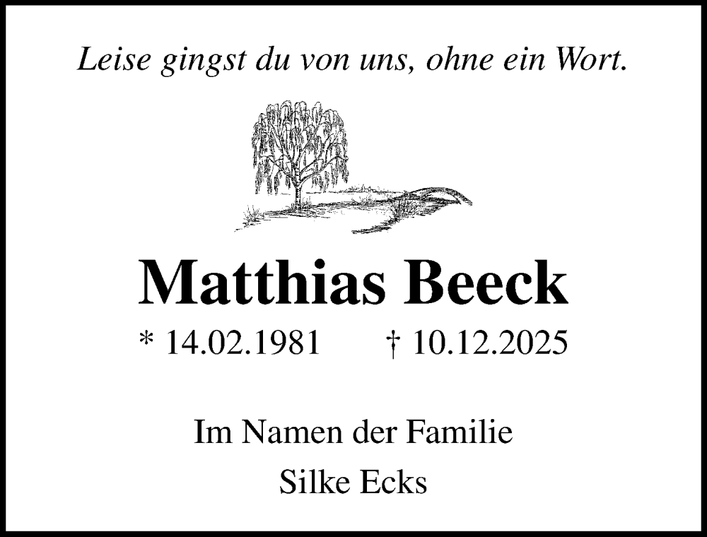  Traueranzeige für Matthias Beeck vom 24.01.2026 aus Ostsee-Zeitung GmbH