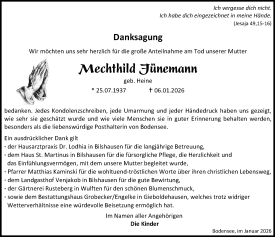Traueranzeige von Mechthild Jünemann von Eichsfelder Tageblatt