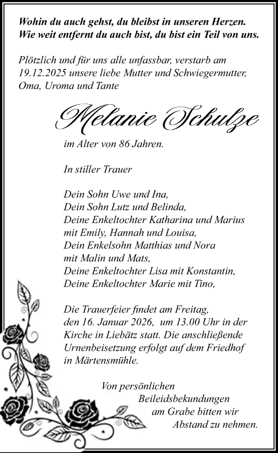 Traueranzeige von Melanie Schulze von Märkischen Allgemeine Zeitung