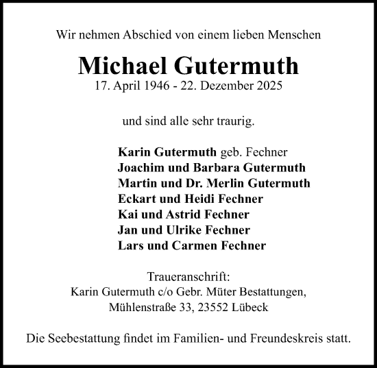 Traueranzeige von Michael Gutermuth von Lübecker Nachrichten