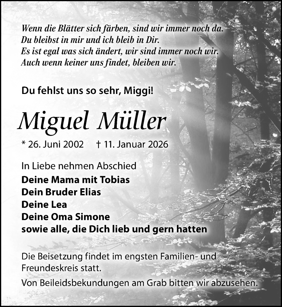  Traueranzeige für Miguel Müller vom 24.01.2026 aus Wochenspiegel