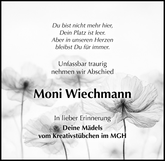 Traueranzeige von Moni Wiechmann von Täglicher Anzeiger Holzminden