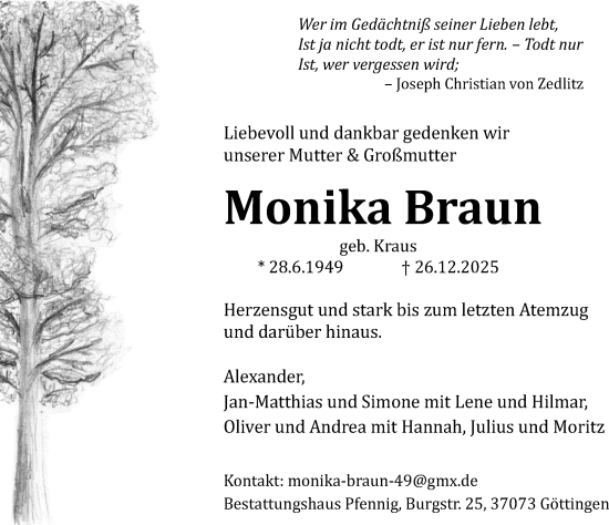 Traueranzeige von Monika Braun von Göttinger Tageblatt
