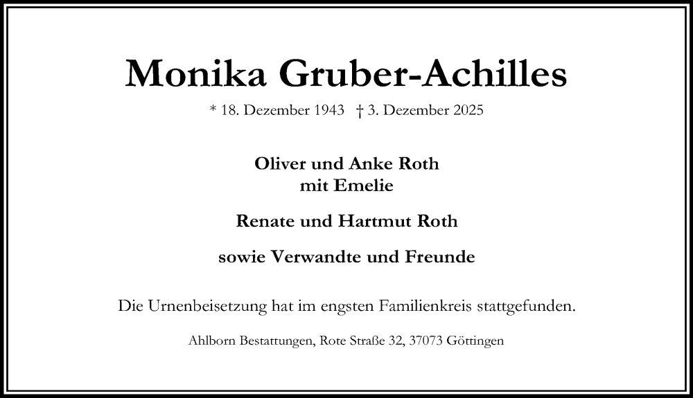  Traueranzeige für Monika Gruber-Achilles vom 17.01.2026 aus Göttinger Tageblatt