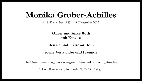 Traueranzeige von Monika Gruber-Achilles von Göttinger Tageblatt