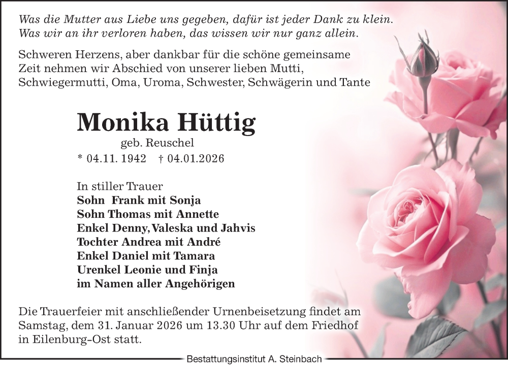  Traueranzeige für Monika Hüttig vom 10.01.2026 aus Leipziger Volkszeitung