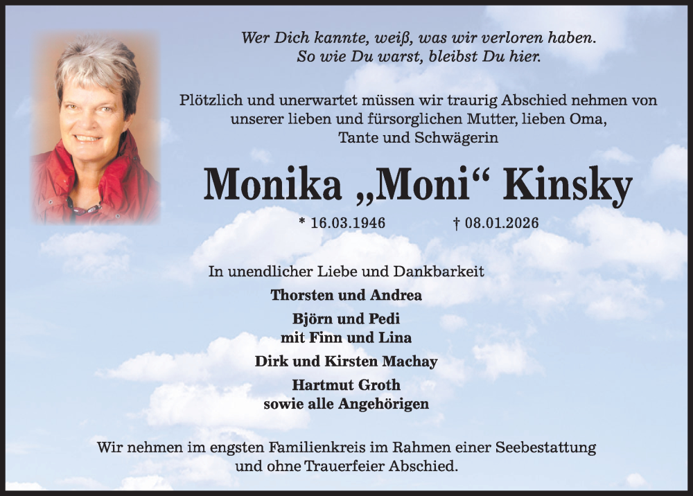  Traueranzeige für Monika Kinsky vom 31.01.2026 aus Kieler Nachrichten
