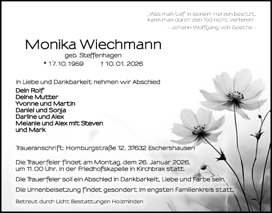 Traueranzeige von Monika Wiechmann von Täglicher Anzeiger Holzminden