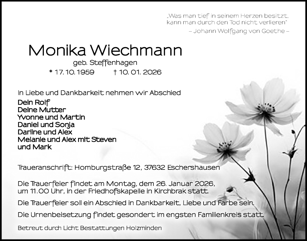  Traueranzeige für Monika Wiechmann vom 17.01.2026 aus Täglicher Anzeiger Holzminden