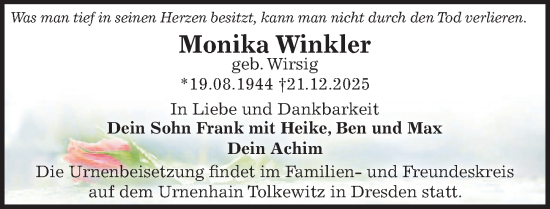 Traueranzeige von Monika Winkler von Sächsische Zeitung