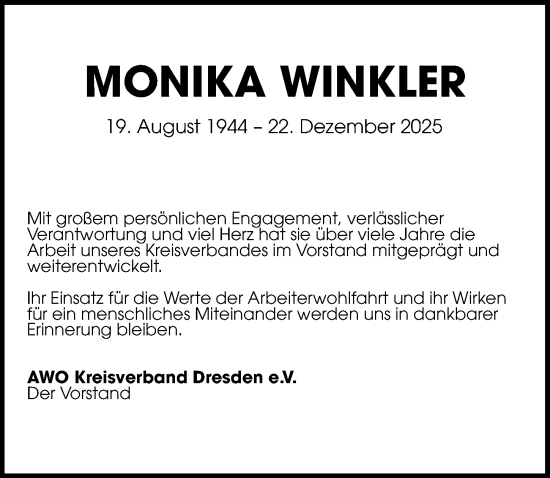 Traueranzeige von Monika Winkler von Sächsische Zeitung
