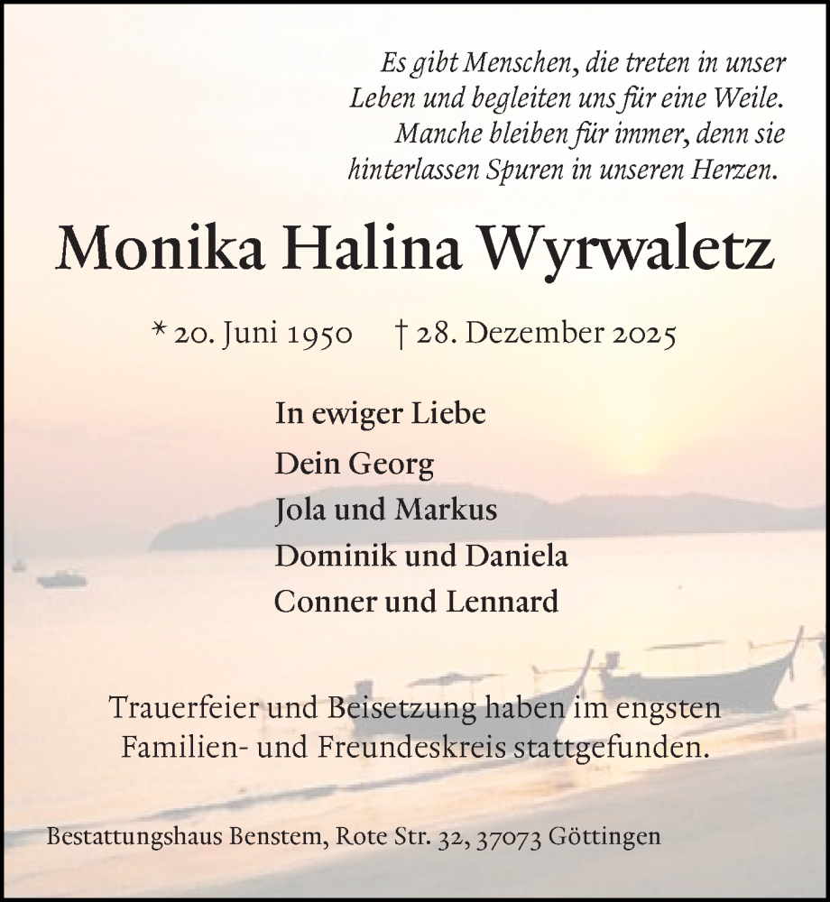  Traueranzeige für Monika Halina Wyrwaletz vom 10.01.2026 aus Göttinger Tageblatt