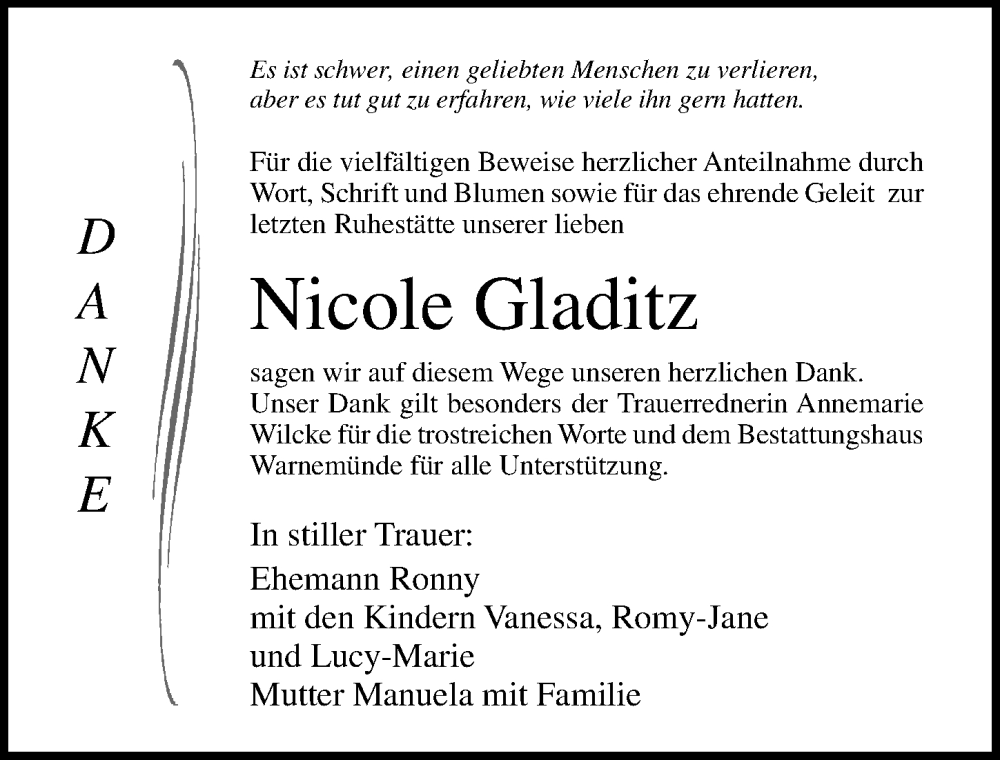  Traueranzeige für Nicole Gladitz vom 03.01.2026 aus Ostsee-Zeitung GmbH