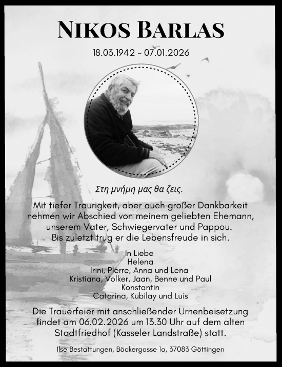 Traueranzeige von Nikos Barlas von Göttinger Tageblatt