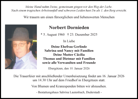 Traueranzeige von Norbert Dornieden von Eichsfelder Tageblatt