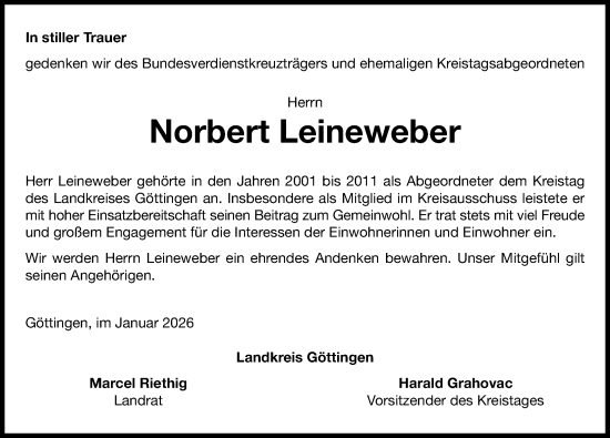 Traueranzeige von Norbert Leineweber von Göttinger Tageblatt