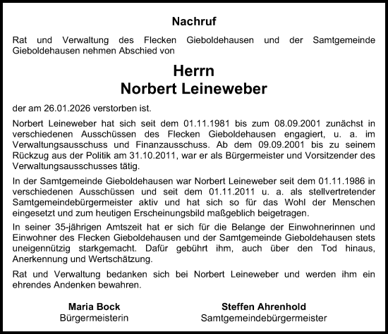 Traueranzeige von Norbert Leineweber von Eichsfelder Tageblatt