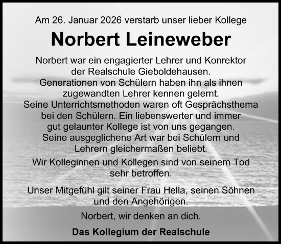 Traueranzeige von Norbert Leineweber von Eichsfelder Tageblatt