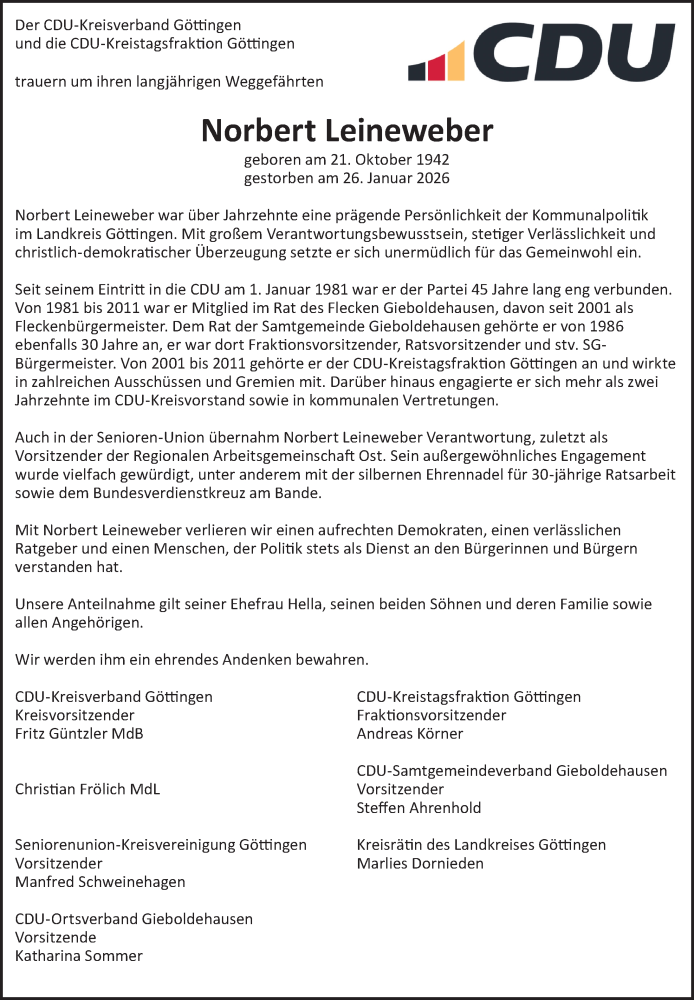  Traueranzeige für Norbert Leineweber vom 29.01.2026 aus Göttinger Tageblatt
