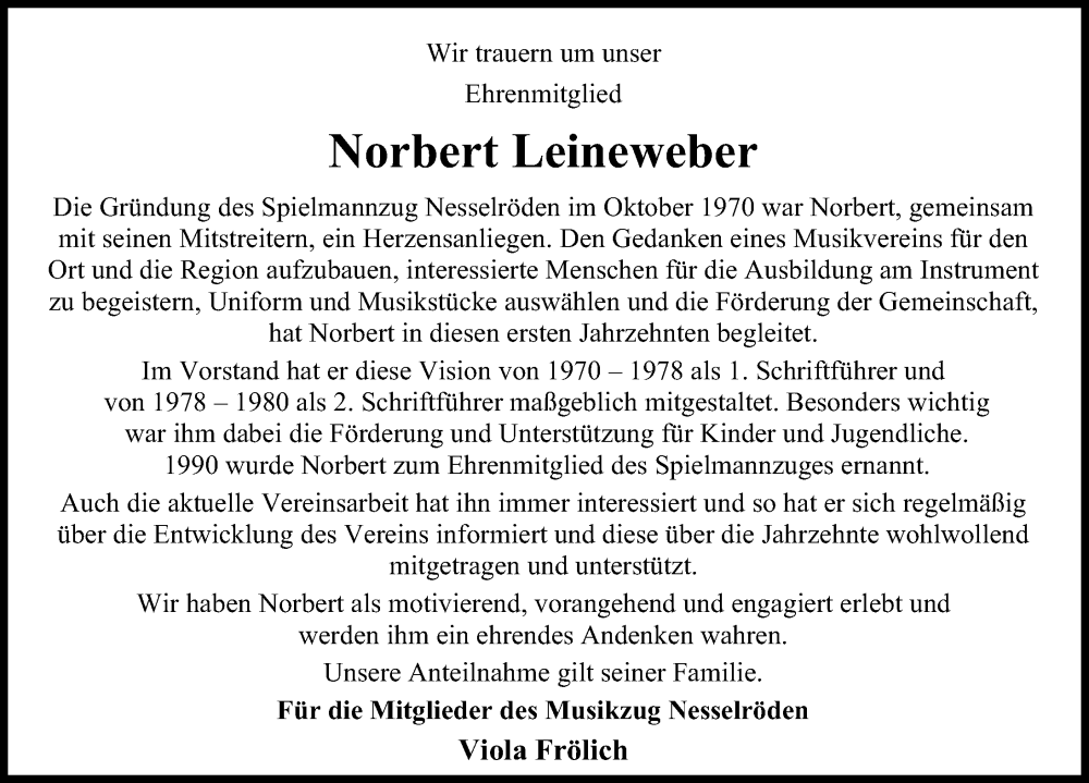  Traueranzeige für Norbert Leineweber vom 31.01.2026 aus Eichsfelder Tageblatt