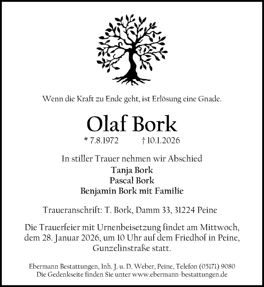  Traueranzeige für Olaf Bork vom 17.01.2026 aus Peiner Allgemeine Zeitung