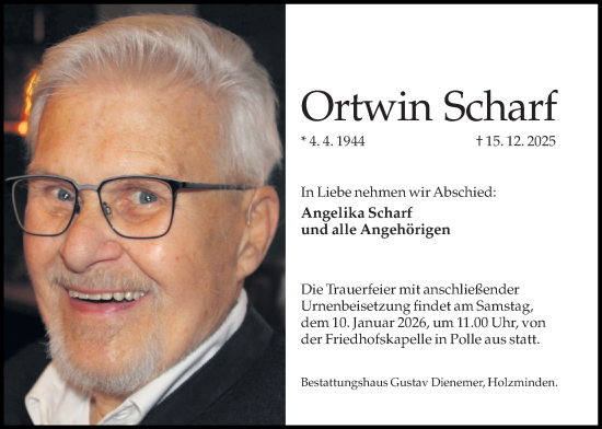 Traueranzeige von Ortwin Scharf von Täglicher Anzeiger Holzminden