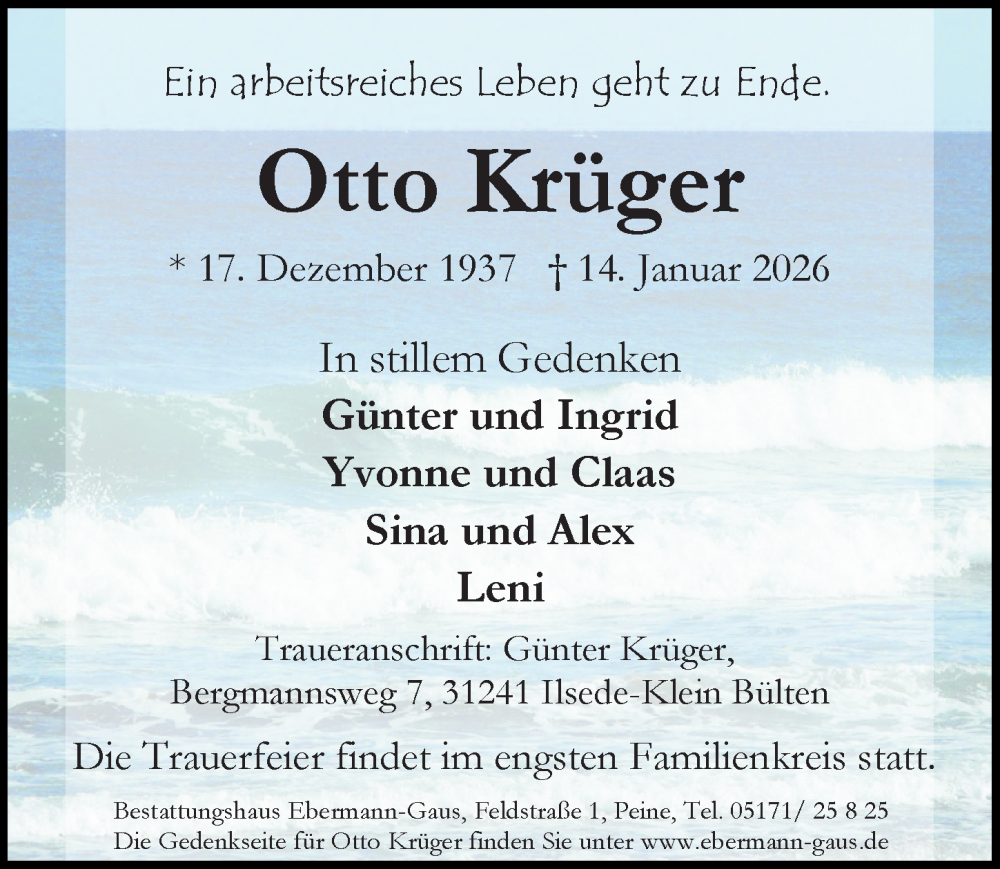  Traueranzeige für Otto Krüger vom 24.01.2026 aus Peiner Allgemeine Zeitung
