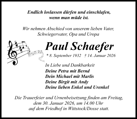 Traueranzeige von Paul Schaefer von Wochenspiegel